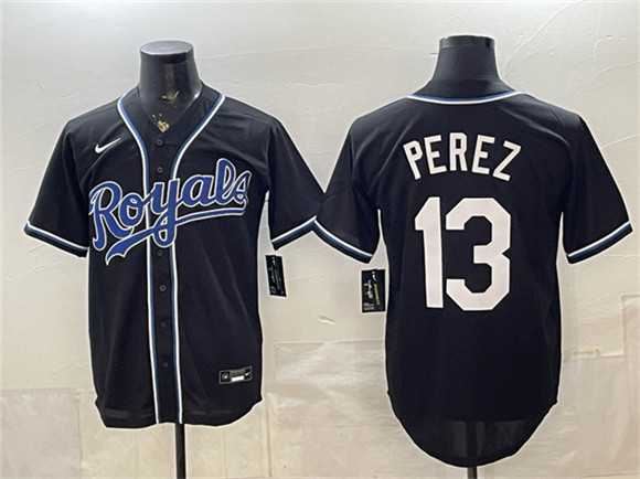 Men%27s Kansas City Royals #13 Salvador Perez Black 2026 Fashion Replica Black Out Stitched Jersey