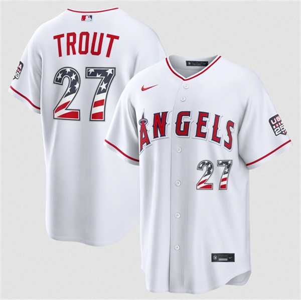 Men%27s Los Angeles Angels #27 Mike Trout 2026 White USA 250 Fourth of July Home Stadium Stitched Jersey Dzhi