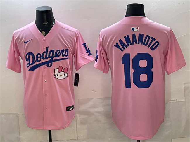 Men%27s Los Angeles Dodgers #18 Yoshinobu Yamamoto Pink 2025 Hello Kitty Vapor Limited Stitched Jersey