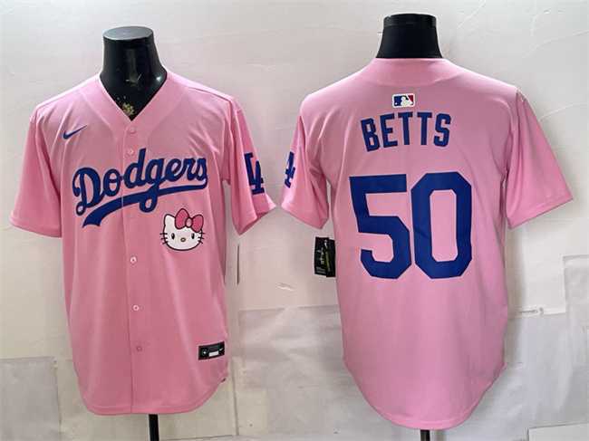 Men%27s Los Angeles Dodgers #50 Mookie Betts Pink 2025 Hello Kitty Vapor Limited Stitched Jersey