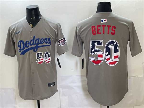 Men%27s Los Angeles Dodgers #50 Mookie Betts Gray 250 Fourth of July Road Stitched Jersey Dzhi