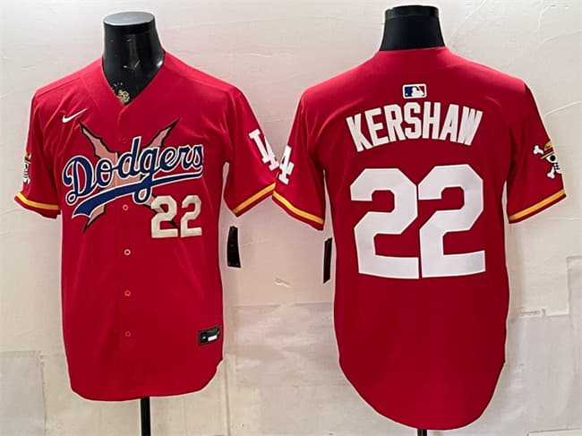 Men%27s Los Angeles Dodgers x One Piece #22 Clayton Kershaw Red Vapor Premier Limited Stitched Jersey1