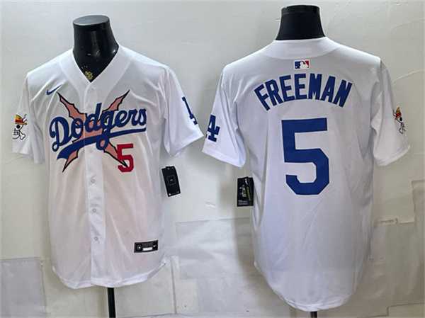 Men%27s Los Angeles Dodgers x One Piece #5 Freddie Freeman White Vapor Premier Limited Stitched Jersey