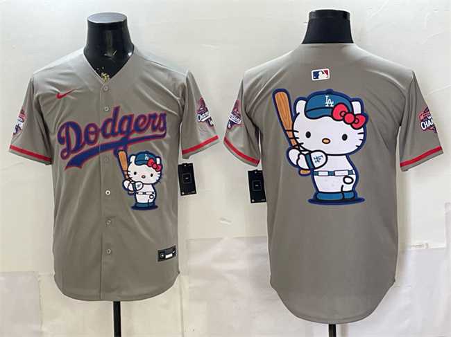 Men%27s Los Angeles Dodgers Team Big Logo Grey Hello Kitty Night 2025 World Series Champions Patch Stitched Jersey Dzhi