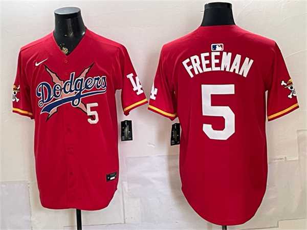 Men%27s Los Angeles Dodgers x One Piece #5 Freddie Freeman Red Vapor Premier Limited Stitched Jersey