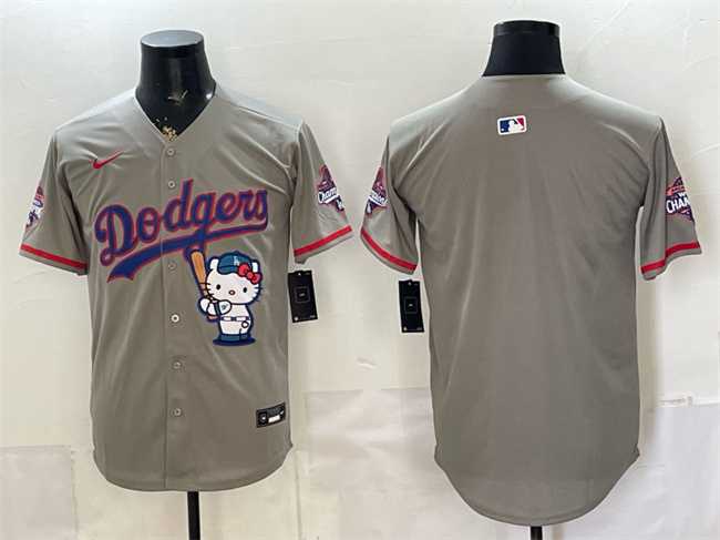 Men%27s Los Angeles Dodgers Blank Grey Hello Kitty Night 2025 World Series Champions Patch Stitched Jersey