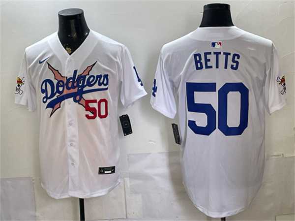 Men%27s Los Angeles Dodgers x One Piece #50 Mookie Betts White Vapor Premier Limited Stitched Jersey