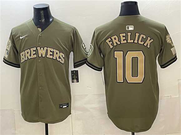 Men%27s Milwaukee Brewers #10 Sal Frelick Olive 2026 Armed Forces Day Stitched Jersey Dzhi