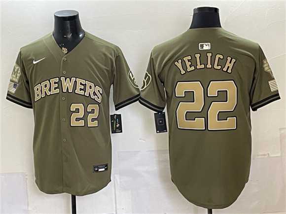 Men%27s Milwaukee Brewers #22 Christian Yelich Olive 2026 Armed Forces Day Stitched Jersey Dzhi