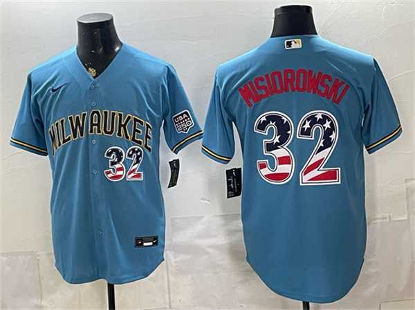 Men%27s Milwaukee Brewers #32 Jacob Misiorowski Blue 2026 USA 250 Fourth of July Home Stadium Stitched Jersey Dzhi