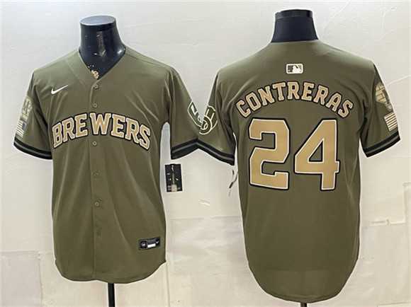 Men%27s Milwaukee Brewers #24 William Contreras Olive 2026 Armed Forces Day Stitched Jersey Dzhi