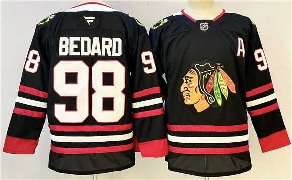 Men%27s Chicago Blackhawks #98 Connor Bedard Black With A Patch Stitched Hockey Jersey