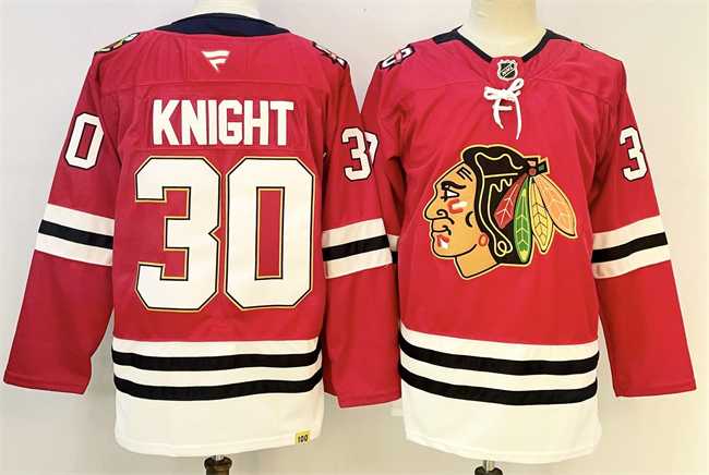 Men%27s Chicago Blackhawks #30 Spencer Knight Red 2025 Home 100th Anniversary Stitched Hockey Jersey
