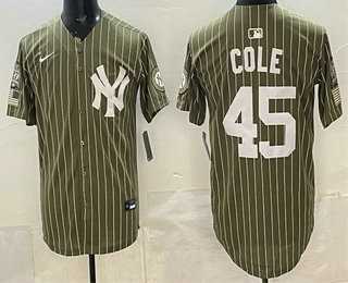 Men%27s New York Yankees #45 Gerrit Cole Olive Pinstripe 2026 Armed Forces Day Salute To Service Jersey Dzhi