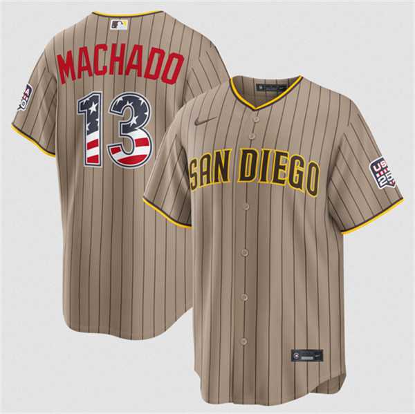 Men%27s San Diego Padres #13 Manny Machado Tan USA 250 Fourth of July Home Stitched Jersey Dzhi