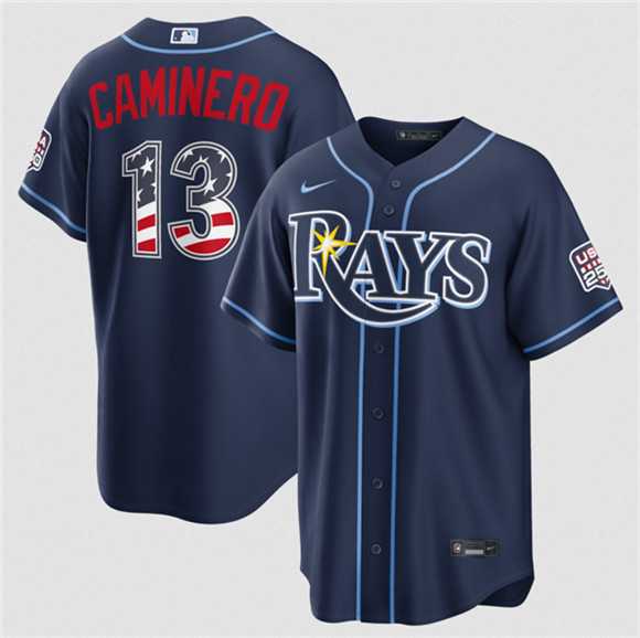 Men%27s Tampa Bay Rays #13 Junior Caminero Navy 2026 USA 250 Fourth of July Home Stitched Jersey Dzhi