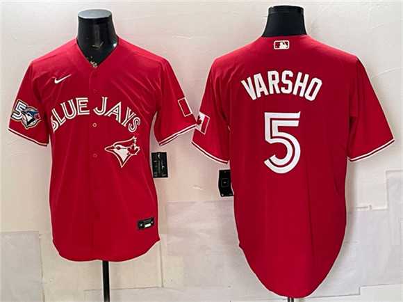 Men%27s Toronto Blue Jays #5 Daulton Varsho Red 50 Seasons Patch Stitched Jersey