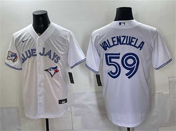 Men%27s Toronto Blue Jays #59 Brandon Valenzuela White 50 Seasons Patch Stitched Jersey
