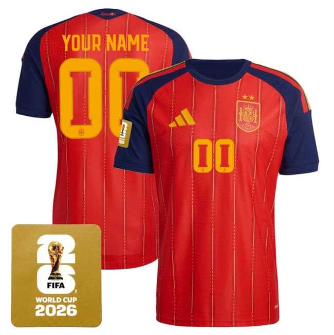 Men%27s Spain Team Custom Red 2026 World Cup Home Soccer Jersey