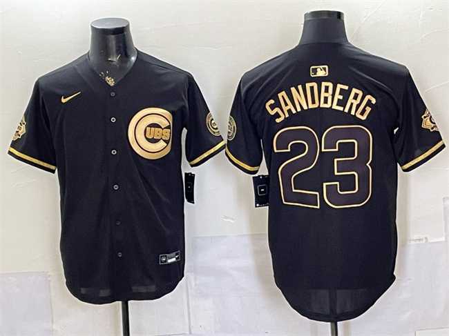 Men%27s Chicago Cubs #23 Ryne Sandberg Black Gold 150th Anniversary Patch Stitched Jersey Dzhi