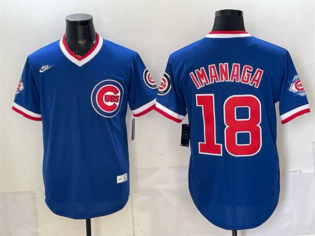 Men%27s Chicago Cubs #18 Shota Imanaga Royal 150th Anniversary Throwback Vapor Limited Stitched Jersey