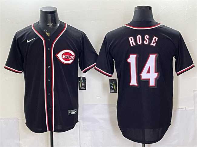 Men%27s Cincinnati Reds #14 Pete Rose 2026 Fashion Replica Black Out Stitched Jersey