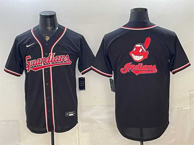 Men%27s Cleveland Guardians Team Big Logo 2026 Fashion Replica Black Out Stitched Jersey Dzhi
