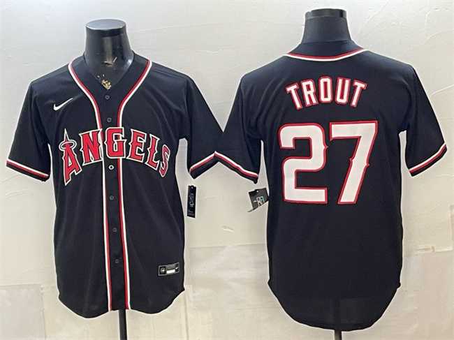 Men%27s Los Angeles Angels #27 Mike Trout 2026 Fashion Replica Black Out Stitched Jersey