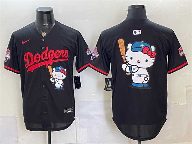 Men%27s Los Angeles Dodgers Team Big Logo Black Hello Kitty Night 2025 World Series Champions Patch Stitched Jersey Dzhi