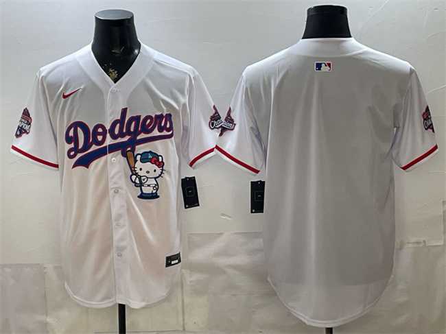 Men%27s Los Angeles Dodgers Blank White Hello Kitty Night 2025 World Series Champions Patch Stitched Jersey Dzhi