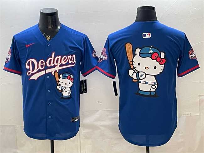 Men%27s Los Angeles Dodgers Team Big Logo Royal Hello Kitty Night 2025 World Series Champions Patch Stitched Jersey Dzhi