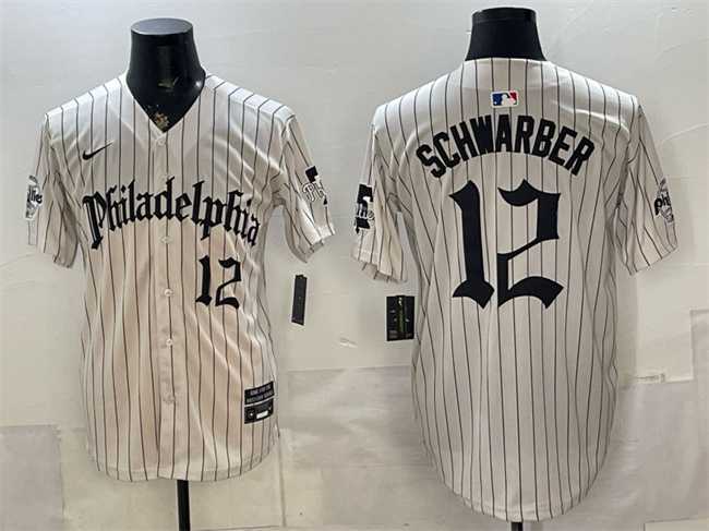 Men%27s Philadelphia Phillies #12 Kyle Schwarber Cream Pinstripe Gothic Vapor Limited Stitched Jersey