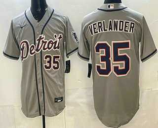 Men%27s Detroit Tigers #35 Justin Verlander Grey Number Cool Base Jersey