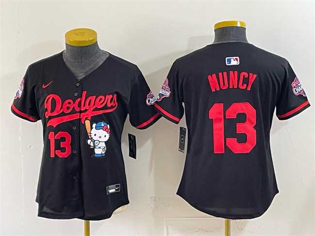 Women%27s Los Angeles Dodgers #13 Max Muncy Black Hello Kitty Night 2025 World Series Champions Patch Stitched Jersey Dzhi