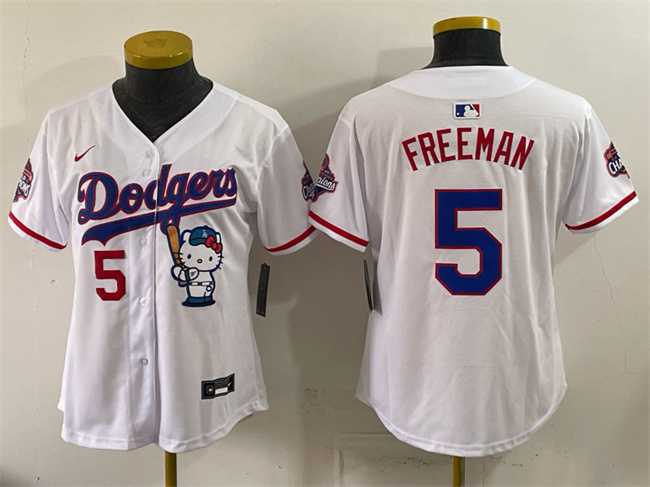 Women%27s Los Angeles Dodgers #5 Freddie Freeman White Hello Kitty Night 2025 World Series Champions Patch Stitched Jersey Dzhi