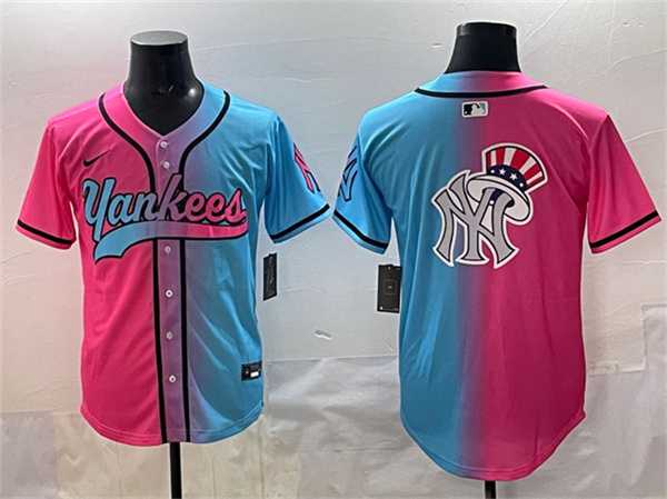 Men%27s New York Yankees Team Big Logo Pink Blue Limited Stitched Jersey