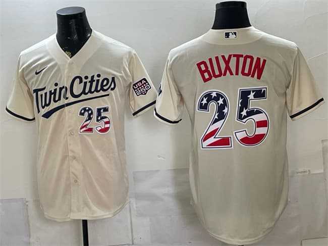 Men%27s Minnesota Twins #25 Byron Buxton Cream 2026 USA 250 Fourth of July Stitched Jersey Dzhi