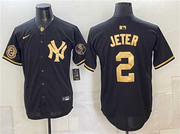Men%27s New York Yankees #2 Derek Jeter Black Gold With Patch Stitched Jersey Dzhi