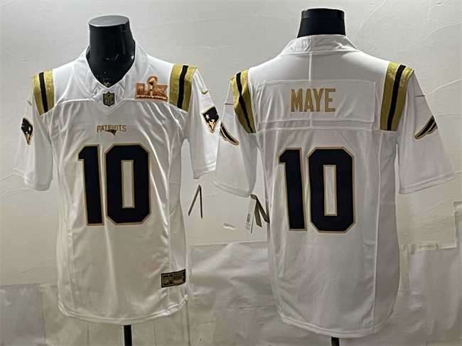 Men%27s New England Patriots #10 Drake Maye White Gold 2025 F.U.S.E. Super Bowl LX Patch Vapor Limited Stitched Jersey