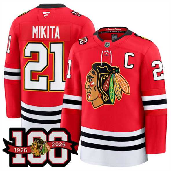 Men%27s Chicago Blackhawks #21 Stan Mikita Red 2025 Home 100th Anniversary Stitched Hockey Jersey Dzhi