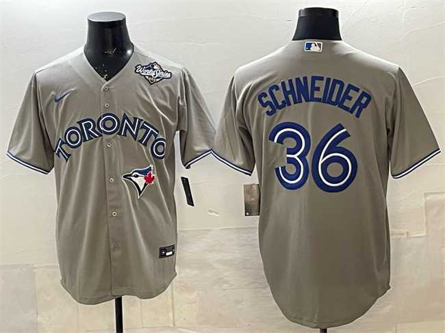 Men%27s Toronto Blue Jays #36 Davis Schneider Gray 2025 World Series Cool Base Stitched Jersey