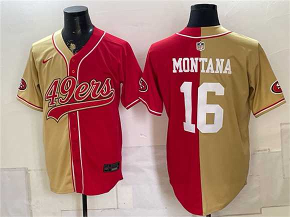 Men%27s San Francisco 49ers #16 Joe Montana Gold Red Split Stitched Jersey