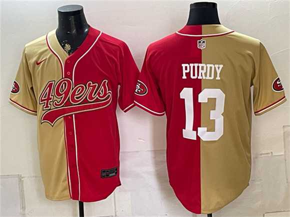 Men%27s San Francisco 49ers #13 Brock Purdy Gold Red Split Stitched Jersey