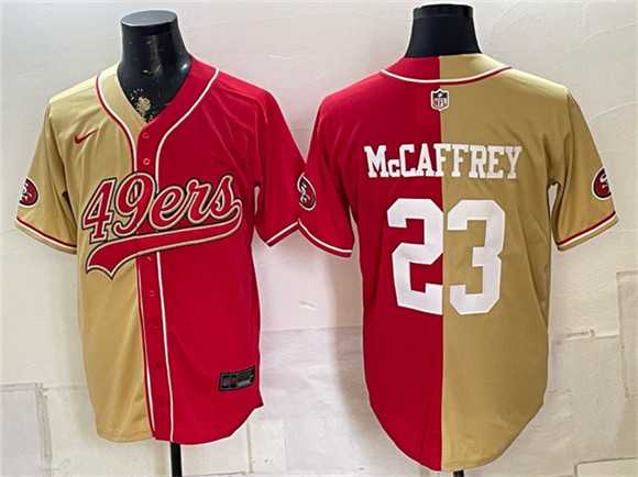Men%27s San Francisco 49ers #23 Christian McCaffrey Gold Red Split Stitched Jersey
