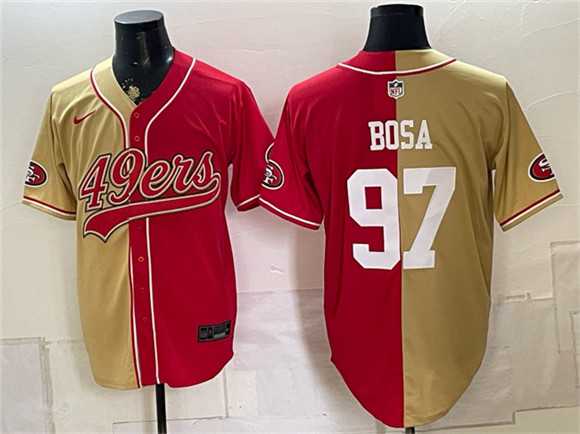 Men%27s San Francisco 49ers #97 Nick Bosa Gold Red Split Stitched Jersey