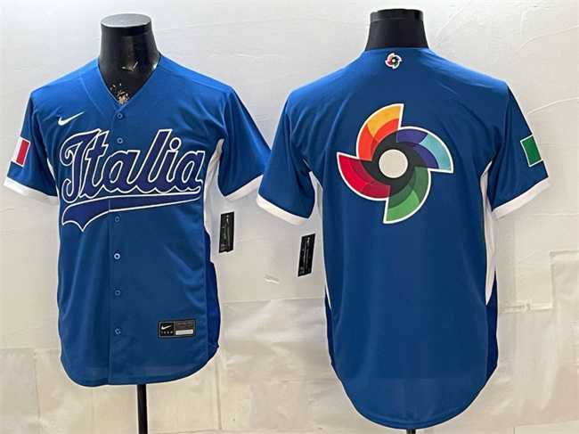 Men%27s Italy Blue 2026 World Baseball Classic Big Logo Home Stadium Stitched Jersey