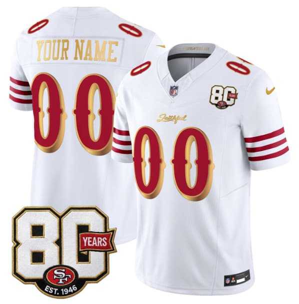 Men%27s San Francisco 49ers Active Player Custom White Gold 80th Anniversary Patch Rivalries 2026 F.U.S.E. Vapor Untouchable Limited Football Stitched Jersey