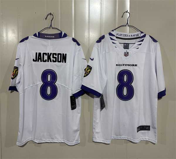 Men%27s Baltimore Ravens #8 Lamar Jackson White 2026 Alternate Vapor Limited Stitched Jersey