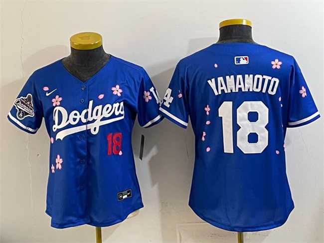 Women%27s Los Angeles Dodgers #18 Yoshinobu Yamamoto Royal 2025 World Series Champions Patch Tokyo Series Limited Stitched Jersey