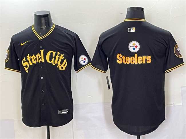 Men%27s Pittsburgh Steelers Team Big Logo Black 412 Patch Vapor Premier Limited Stitched Baseball Jersey